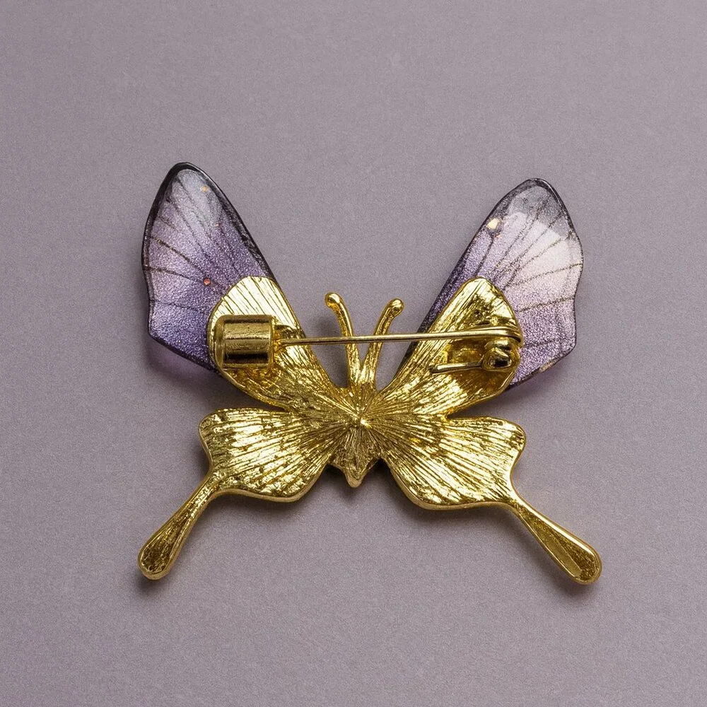 Gold-Tone Rhinestone Butterfly Brooch Pin, Acrylic Wings. Purple Butterfly New - Picture 2 of 3
